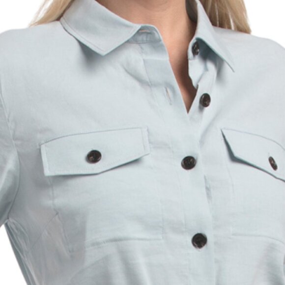 THEORY Linen Blend Short Sleeve Mini Dress With Pockets - Picture 2 of 4